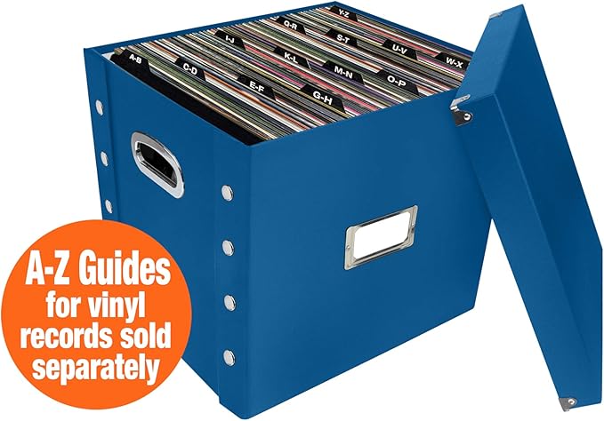 Snap-N-Store Vinyl Record Storage Box - Pack of 1-13.2 x 12.625 x 12.5 Inch LP Holder with Lid for 12-inch Records - Crate Holds up to 75 Vinyl Albums - Classic Blue