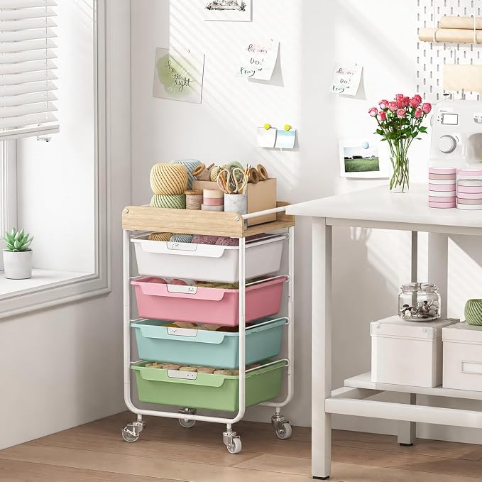 Rolling Craft Storage Cart with 4 Drawers,Utility Cart with Drawers,Art Craft Organizers and Storage,Kids Craft Cart,Kids Art Cart With DIY Lable and Wooden Tabletop Area,Colorful