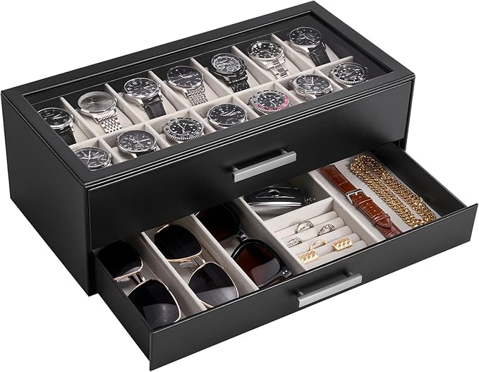ProCase 14-Slot Watch Case for Men, 2-Tier Pull-Out Drawers Box -Black | Fathers Day Gift for Dad Men with Display Clear Top Lid, Jewelry Sunglasses Storage Organizer, Anniversary Birthday Gifts
