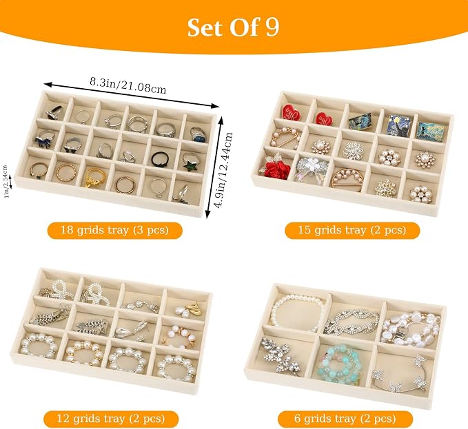 Jewelry Organizer Trays Set of 9, Velvet Lined Stackable Jewelry Trays for Drawers with Adjustable Dividers, Earring Organizer Storage, Beige 8.3 x 4.9 x 1 Inches