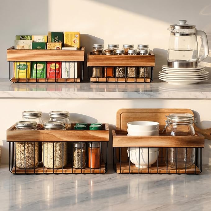4 Pack Metal Wire Storage Basket, Multiple Sizes Basket with Handles Wooden Top and Bottom Containers Organizer Rustic Farmhouse Decor for Kitchen Cabinets, Bathroom, Pantry, Laundry Room