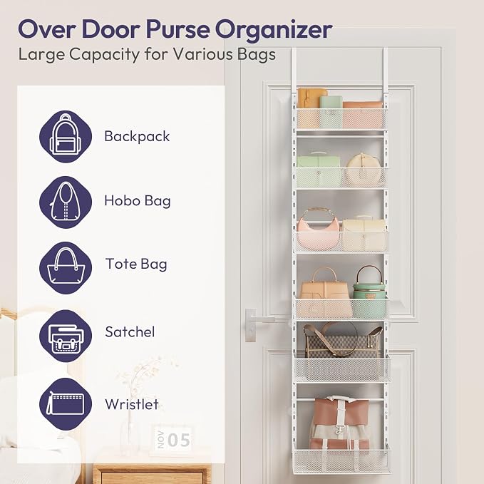 SWTYMIKI Over The Door Purse Organizer - Wall Mounted Purse Rack with 6 Adjustable Metal Basket, Hanging Bag Rack for Handbag Organizer, Bag Storage Can Use As 1/2 Part, for Door