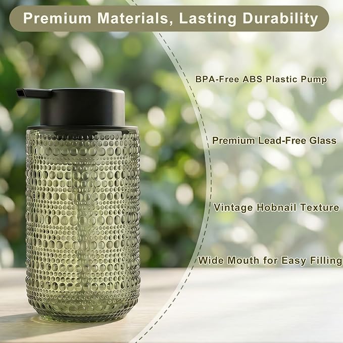 Green Glass Foaming Soap Dispenser, 2 Pack Vintage Foam Hand Soap Dispenser, 14 OZ Hobnail Texture Foam Dispenser with Black Pump for Bathroom, Kitchen, Refillable, Nordic Modern Farmhouse Decor ﻿