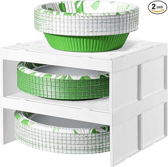 2 Pcs Paper Plate Dispenser and Paper Bowl Dispenser, Space-Saving Plastic, Foam, Disposable Plate and Bowl Organizer, Stackable Kitchen Organizer for Cabinet, Countertop, Shelf (White)