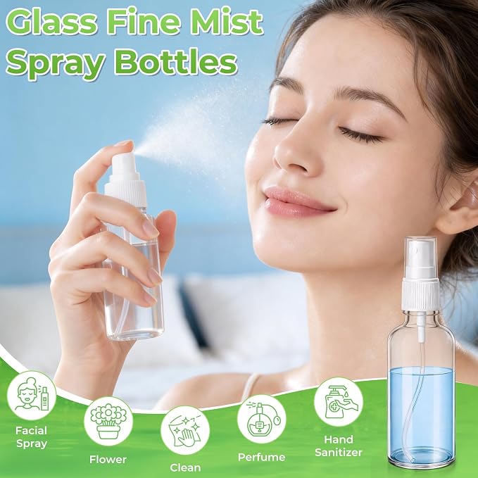 JTIEO 24 Pack 2oz(50ml) Small Glass Spray Bottle, Mini Travel Size, Clear Fine Mist Refillable Bottle for Essential Oils, Perfume & Hair, with Funnel, Pipette, 24 Spray Heads and 48 Waterproof Labels.