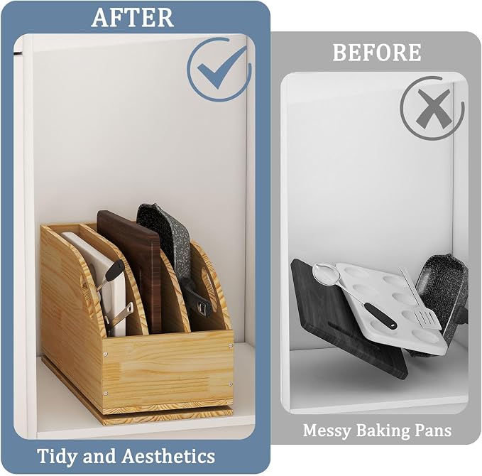 Pull Out Cookie Sheet Organizer for Cabinet, Wooden Cutting Board Organizer Rack with Vertical Tray Dividers, for Storage Pans, Baking Tray, 10.5''W X 21" D X 10.6" H