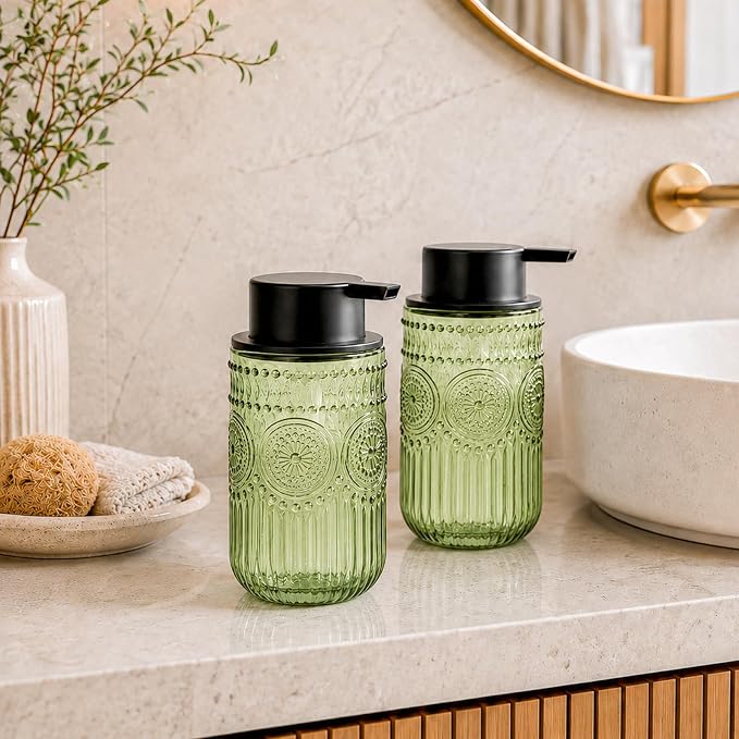 Glass Foaming Hand Soap Dispenser, Kitchen Foaming Dish Soap Dispenser | 13.8 oz Refillable Foam Soap Dispenser with Black Pump for Home Decor Set of 2