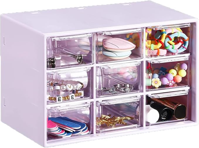 6 Pcs Small Drawer Organizer for Desk, Mini Desktop Drawer Organizer with 9 Clear Drawers, Plastic Desktop Craft Storage Box for Desk Office School Home 7.1" x 3. 8" x 4.6" (Purple)