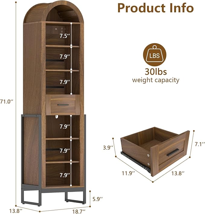 YU YUSING 71" Tall Shoe Storage Cabinet, 8 Tiers Arched Shoe Rack Organizer with Drawer, Freestanding Shoe Closet Shelf with Open Storage for Closet, Entryway, Living Room