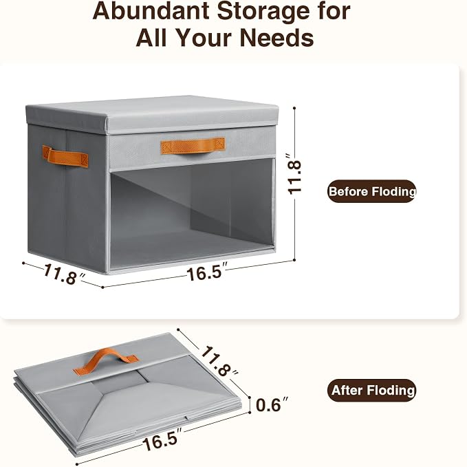 Homsorout Large Storage Bins with Lids - 4 Pack Foldable Decorative Organizers with Clear Windows & Handles, Cube Storage Organizers for Clothes, Blankets, Sweaters, Sheets, Grey