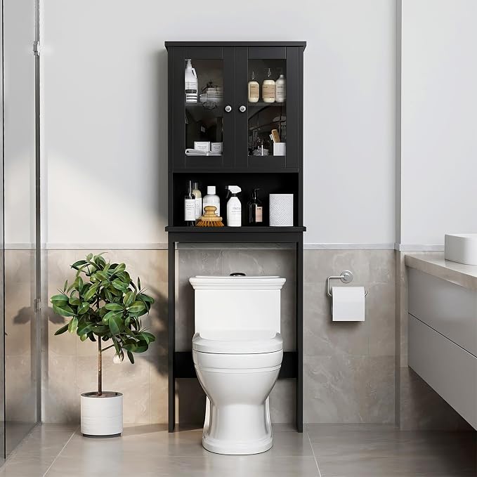 Over The Toilet Storage Cabinet for Bathroom, Storage Organizer Over Toilet with Glass Doors, Space Saver for Living Room, Black