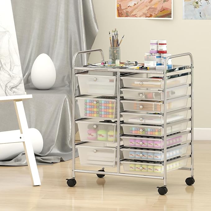RELAX4LIFE 12-Drawer Rolling Storage Cart - Mobile Utility Drawer Carts with Wheels, Craft Organizers Cart for Organization and Storage, Classroom, School, Office, Home