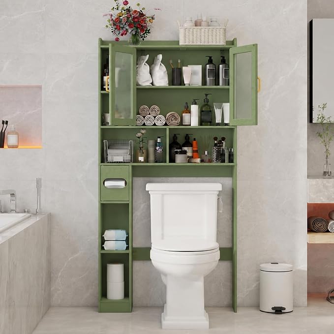 Vabches Over The Toilet Storage Cabinet, Farmhouse Storage Cabinet Over Toilet with Acrylic Doors，Home Space-Saving Toilet Rack, for Bathroom, Restroom, Laundry, Green