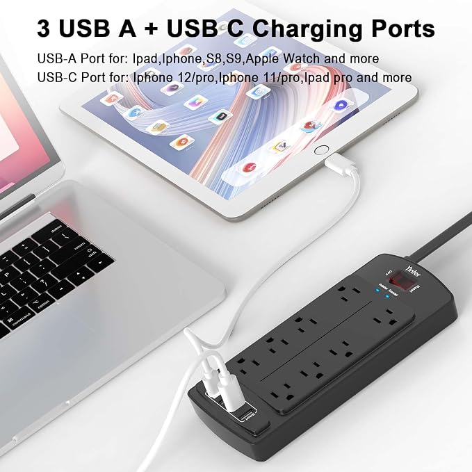Surge Protector Power Strip, Yintar 10 Feet Flat Plug Extension Cord with 8 AC Outlets and 4 USB Ports, 2700 Joules, ETL Listed, Black