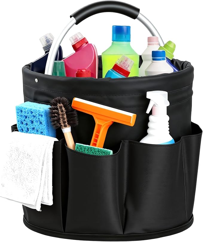 Cleaning Caddy with Handle, Cleaning Products Organiser, Foldable Storage Basket, Large Supply Organiser 17L with 6 Pockets, Portable Cleaning Caddy for Home & Garden (Black)