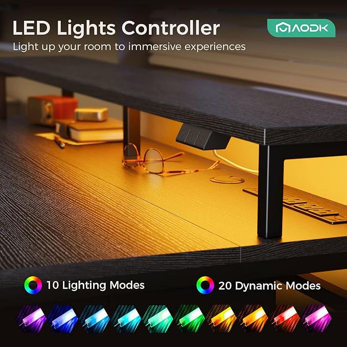 AODK 63 Inch Electric Standing Desk with Drawers & Keyboard Tray, Black | 3 Outlets & 2 USB Ports, 20-Mode LED Lights, Monitor Stand, Cable Management Tray, 3 Memory Heights, 29.9"-46.1" in Range