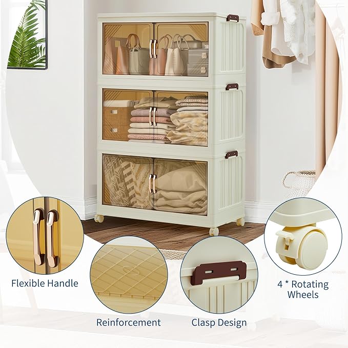 Garvee 144QT Stackable Storage Bins, Plastic Bins for Storage with Lids, Plastic Storages Drawers with Magnetic Doors & Wheels, Foldable Collapsible Closet Organizers for Home, Dorm, Office, White