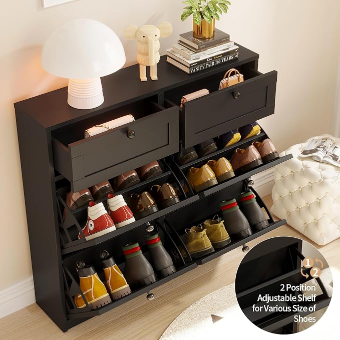 VOWNER Shoe Cabinet with 4 Flip Drawers & 2 Drawers, Freestanding Shoe Storage Cabinet with Adjustable Shelves, Shoe Organizer for Entryway, Hallway, Living Room (Black)