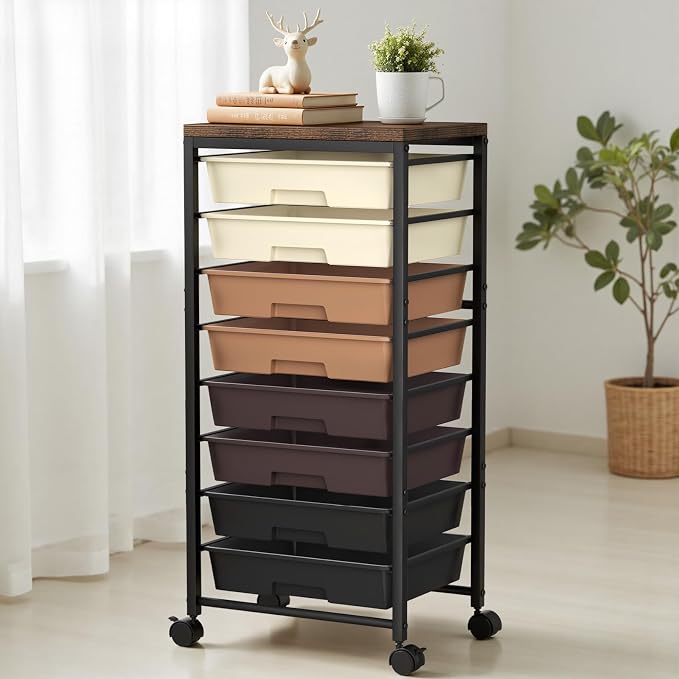 Rolling Cart with 8 Drawers, Plastic Drawer Storage Carts with Wheels & Wooden Tabletop, Metal Utility Cart Organizer for Bedroom Living Room Office Classroom Craft Organization and Storage, Brown