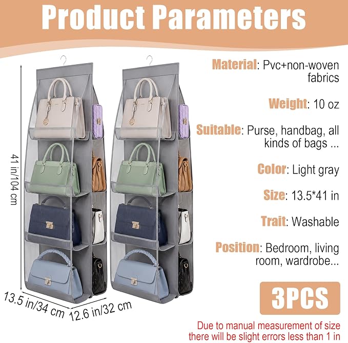 3 Pack Hanging Handbag Organizer for Closet, Purse Organizer For Closet, Handbag Storage Holder with 8 Clear PVC Pockets, Sturdy Hook for Wardrobe Door and Wall, Space Saving Gray