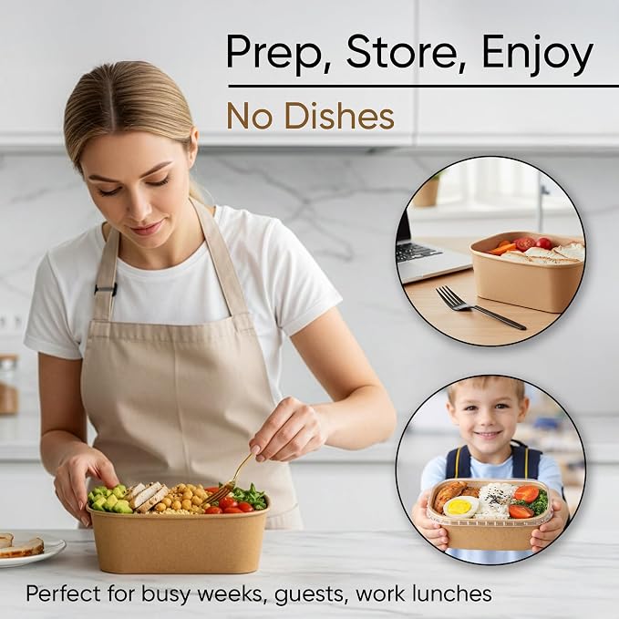 Leafiew 50 Pack 35Oz Disposable Meal Prep Containers With Lids - Microwave and Freezer Safe Kraft Paper Bowls with Lids and Forks - Disposable Food Containers - To Go Bowls for Food Prep and Salad