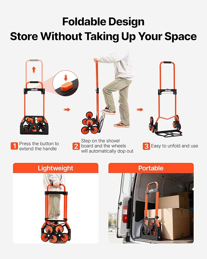 VEVOR Stair Climbing Cart 260 LBS, Portable Folding Aluminum Trolley Dolly for Stairs with Telescoping Handle, 6 Mute Wheels & 2 Ropes, Stair Climber Dolly for Home, Groceries, Warehouse
