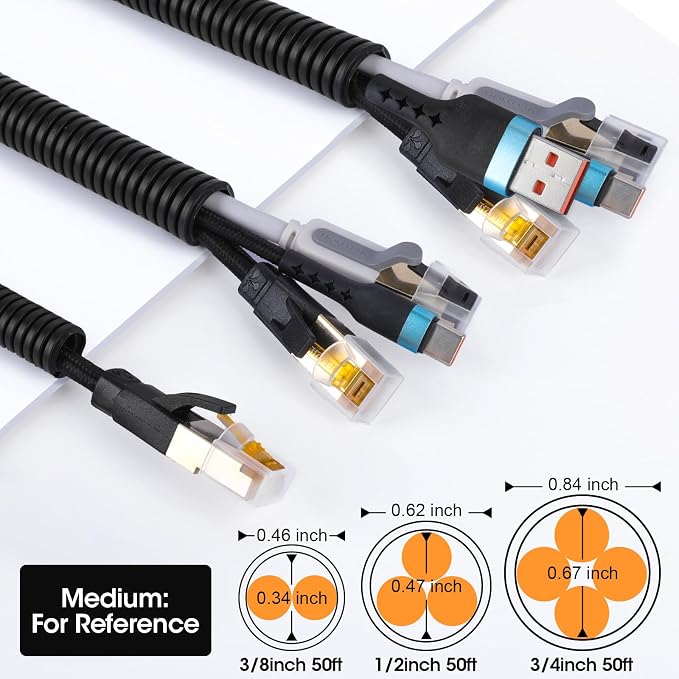 Wire Loom 3/8", 1/2", 3/4 Inch x 50 FT, Split Wire Loom Tubing Wire Conduit, Wire Protector Tubing, Cable Sleeves Bulk, Black