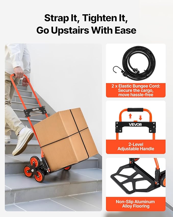 VEVOR Stair Climbing Cart 260 LBS, Portable Folding Aluminum Trolley Dolly for Stairs with Telescoping Handle, 6 Mute Wheels & 2 Ropes, Stair Climber Dolly for Home, Groceries, Warehouse