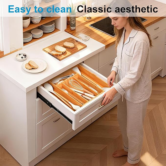 Expandable Silverware Organizer | Upgraded Bamboo Kitchen Drawer Organizer, 12.5"-21" Adjustable Utensil Tray