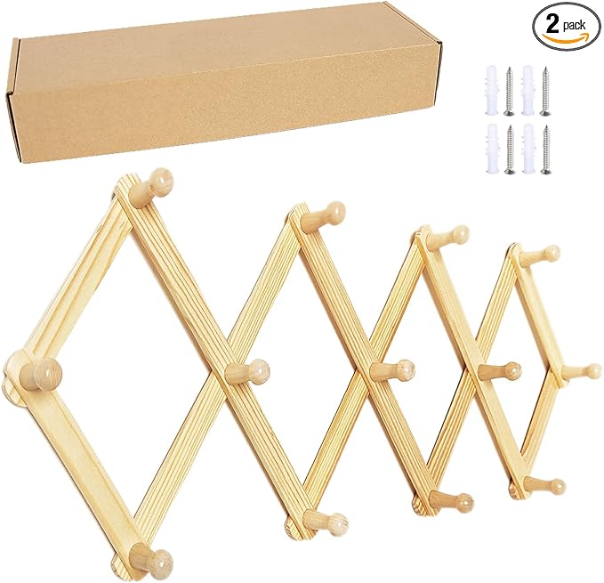 AMAPON Accordion Style Expandable Wall Wooden Coat Rack 13 Hooks (Pegs) Hang Hats Jackets Coffee Mug Purses Necklaces Towels Cap Leash Scarves Data Line Kitchenware (2 Packs)