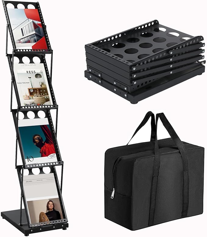Foldable Brochure Display Stand with Carrying Bag, Literature Stand 4 Tier | Literature Rack for Trade Shows, Exhibitions, Office, and Retail Stores. Metal, Portable, and Easy to Assemble, Black Finish
