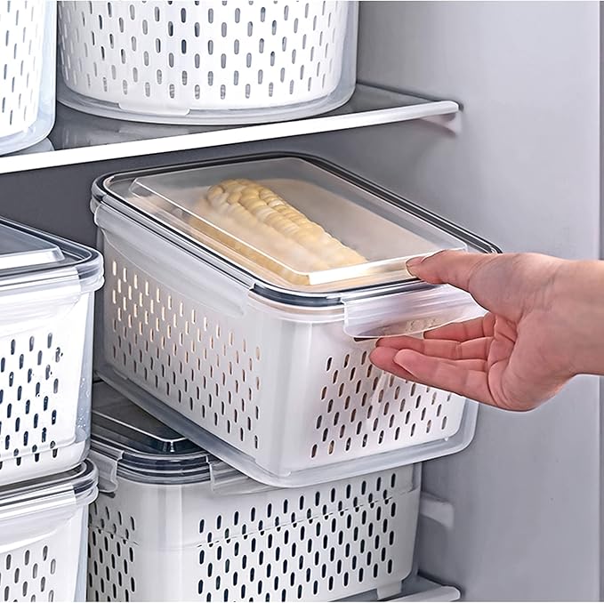 3Pack Fridge Food Storage Container Set with Lids with Strainer,Plastic Fresh Produce Saver Vegetable Fruit Meat Storage Organization, BPA-Free Plastic Produce Keepers(3.15L+1.7L+0.8L)
