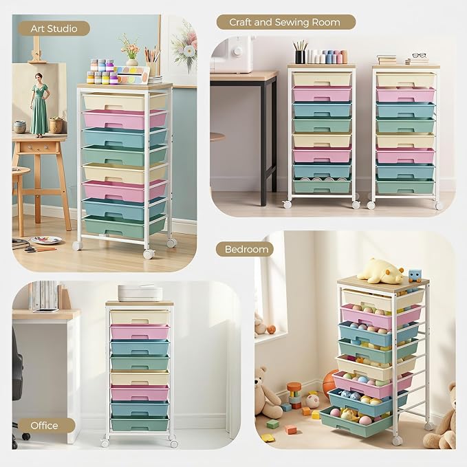 Rolling Cart with 8 Drawers, Plastic Drawer Storage Carts with Wheels & Wooden Tabletop, Metal Utility Cart Organizer for Bedroom Living Room Office Classroom Craft Organization and Storage, Colorful