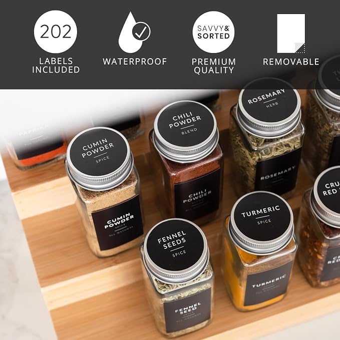 Spice Labels for Glass Jars, 202 Round Preprinted Waterproof Kitchen Spice Labels Stickers, Seasoning Organization Black Pantry Herbs Label for Top Lid, Chalkboard Labels for Spice Jars