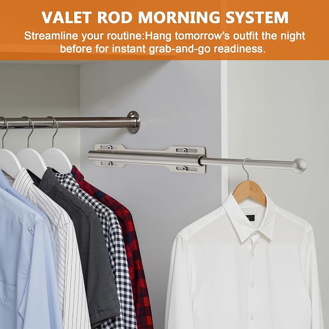 2 Pack Valet Rod for Closet Pull Out, Rod for Bedroom Laundry Room Bathroom, Nickel