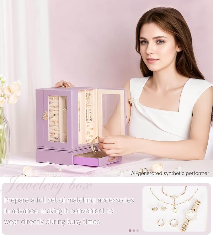 Enthralite Luxury Jewelry Box for Women: 360° Rotating with Clear Window | Compact Jewelry Storage with Drawer - Necklace Ring Organizer with Compartments - Elegant Earring Holder Display Great Gift