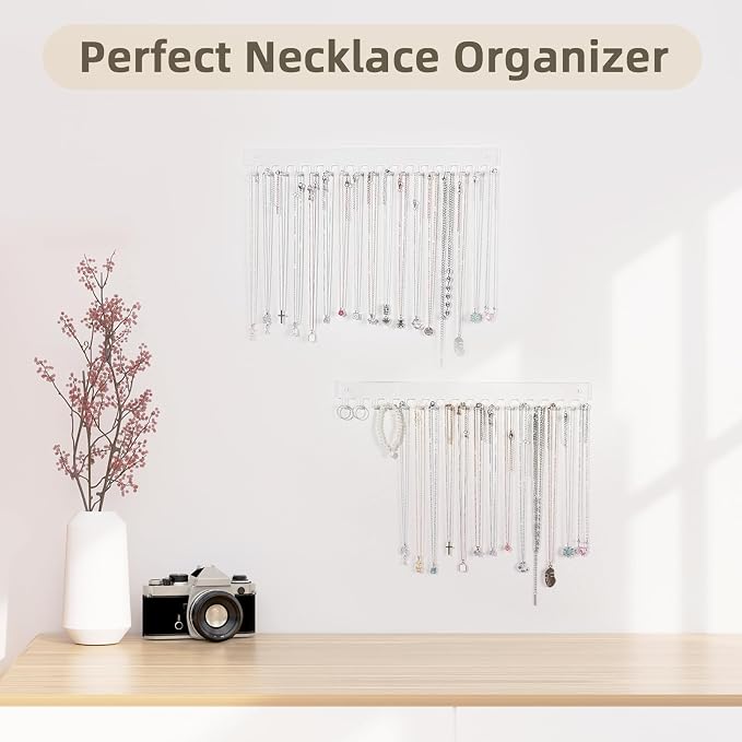 Acrylic Necklace Holder 4 Pack Wall Mounted Necklace Organizer Hanging Jewelry Organizer with 17 Hooks for Necklaces, Bracelets, Rings and Bangles Display (14.17 inch)