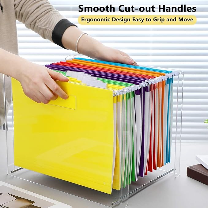 Dispowreath 24 Hanging File Folder with Acrylic Organizer for Letter/a4 Size Desktop Clear File Storage Box with Handles for Home Work Office Use(Rainbow,Classic)