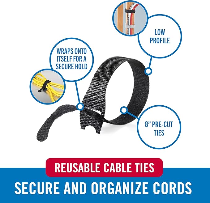 VELCRO Brand ONE-WRAP Cable Ties, 100Pk, 8 x 1/2" Black Cord Organization Straps, Thin Pre-Cut Design, Wire Management for Organizing Home, Office and Data Centers