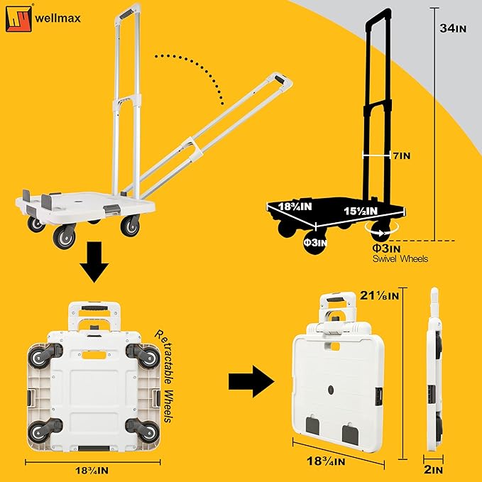 Wellmax Rolling Crate with Wheels, Foldable Utility Cart with Adjustable Handle, Silent Rolling Design, 132 lbs Load Capacity — Great for Teachers, Office, Groceries & Everyday Use