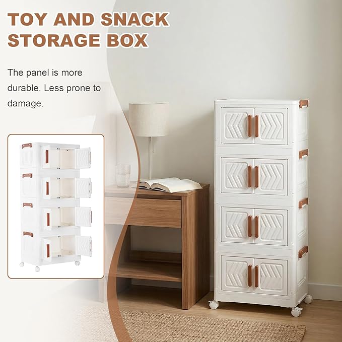 4 Tier Stackable Storage Bins with Lids & Magnetic Doors, Plastic Collapsible Storage Bins with Wheels Stackable Storage Containers Organizers Cabinet for Entryway