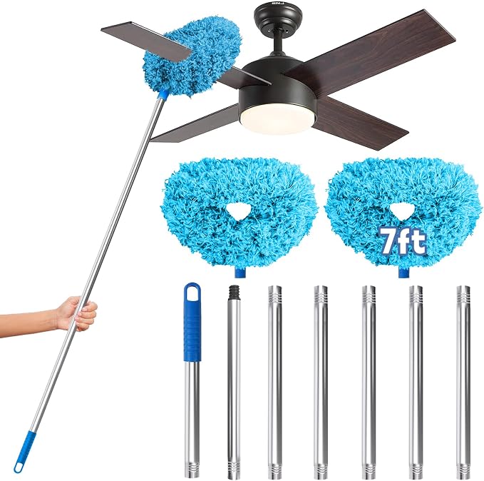 DRQ Ceiling Fan Cleaner Duster, 2 Pack Reusable Microfiber Duster with Extension Pole, 13 to 81 Inch Fan Blade Cleaner, Removable Dusters for Cleaning Walls Bookshelves Door Window Top (Blue)