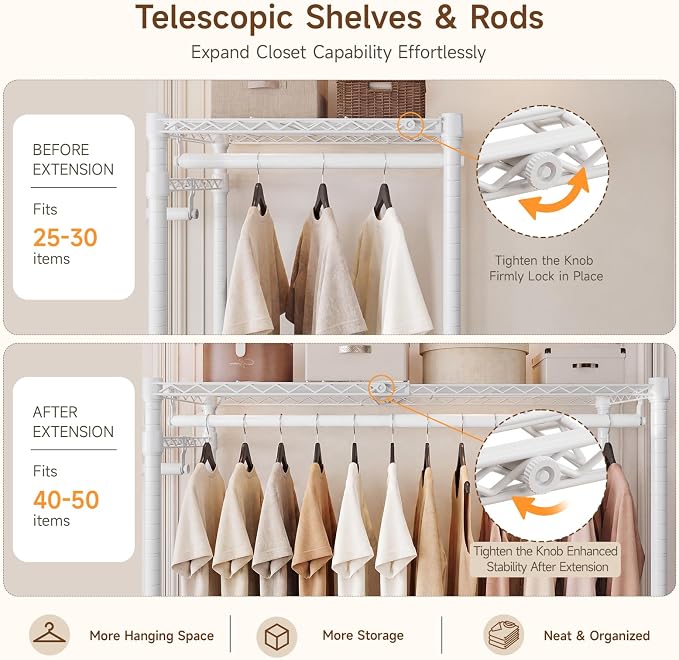 S3 Expandable Heavy Duty Clothes Rack, Freestanding Closet Organizer System | 5'8" to 8'3" Max Load 1200LBS Metal Garment Rack Portable Closet System with 4 Extendable Shelves & 4 Telescopic Rods White