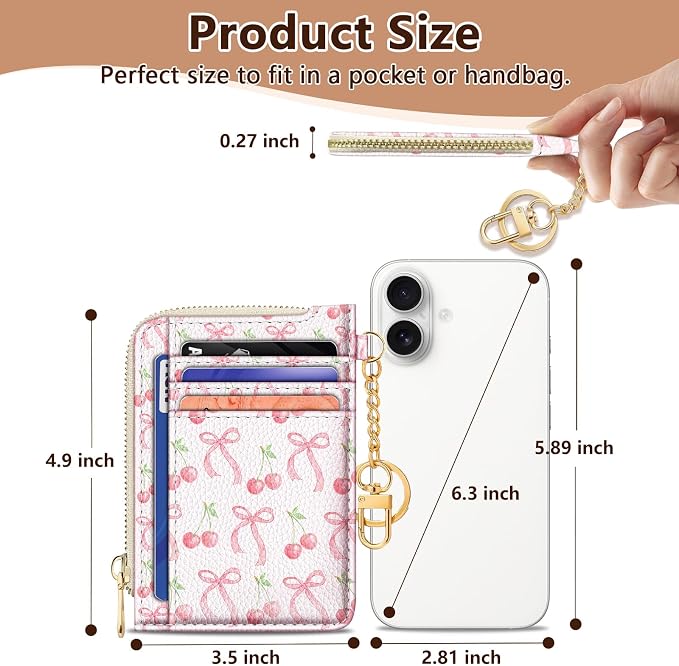 GIANCOMICS Slim Wallet Women, Credit Card Holder, Small Rfid Cherry Bow | Keychain Mini RFID Blocking, Travel, Cute Thin Flat Pocket Purse Case, Girl Ladies Female Gift, Zipper PU Leather ID Window