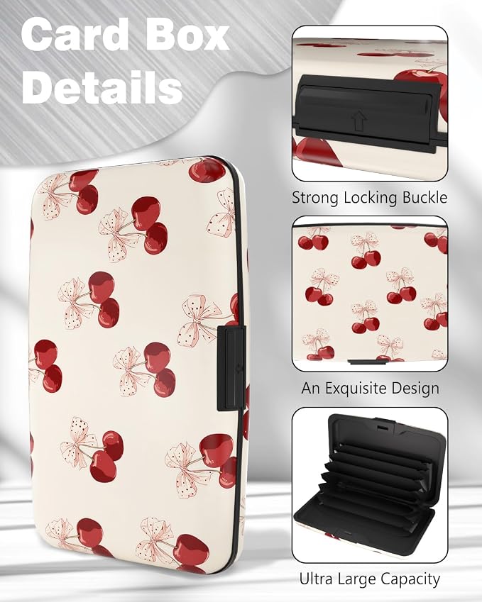 Maicican Credit Card Holder, Mini RFID Blocking Aluminum Wallet | Slim Metal Hard Case Travel Wallet ID Case for Women and Men, 4.3 x 2.9 Inches, Polka Dot Bow Cherry