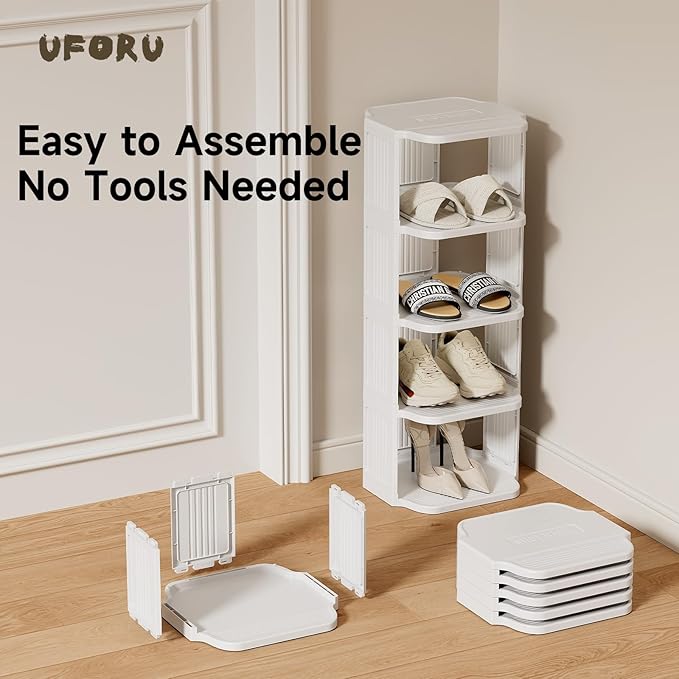 UFORU Small Shoe Rack, 5 Tier Plastic Vertical Shoe Rack for Small and Narrow Spaces, Free Standing Shoe Organizer for Closet, Entryway
