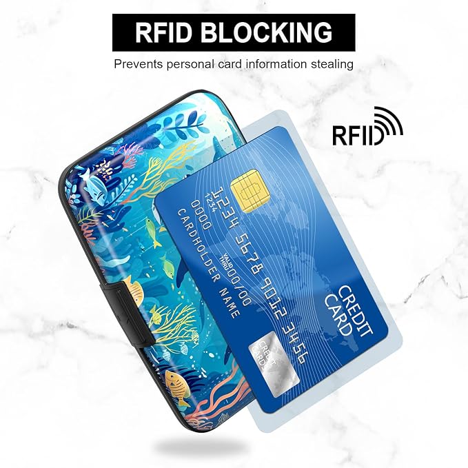 Credit Card Holder, Mini Aluminum Card Wallet RFID Blocking Slim Metal Hard Card Case for Women Men, Whales