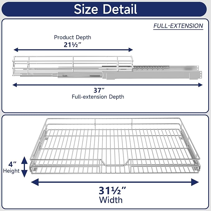 Pull Out Cabinet Organizer, 31.5" W x 21.5" D, Heavy Duty Chrome Slide Out Shelf for Wide Base Cabinets, Sliding Wire Basket Drawer for Pots, Pans, Appliances & Pantry Storage