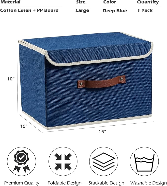 Storage Boxes with Lid Cotton Linen Fabric Storage Bins Organizer Container Decorative Collapsible Washable Shelf Baskets Faux Leather Handles for Home Bedroom Closet (Deep Blue, Large)
