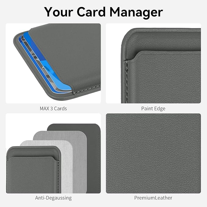 Magnetic Wallet Phone Card Holder for Phone Case with Mag-Safe, Stronger Magnetic RFID Leather Phone Wallet Stick on Series of iPhone 17/16/15/14/13/12 and Pro/Promax, Smoky Gray